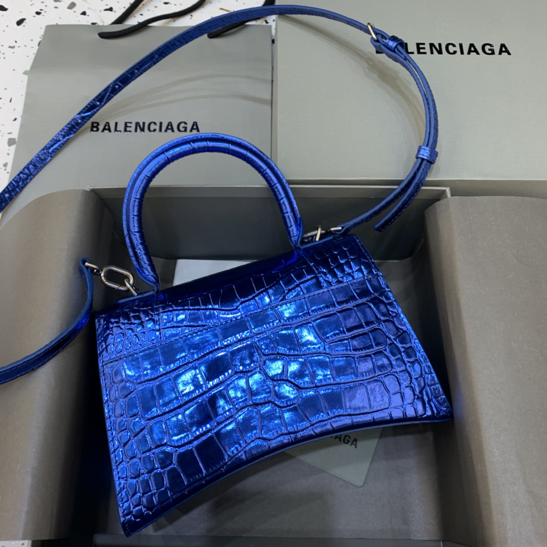 Balenciaga Hourglass Small Handbag Crocodile Embossed Shoulder Bag Blue